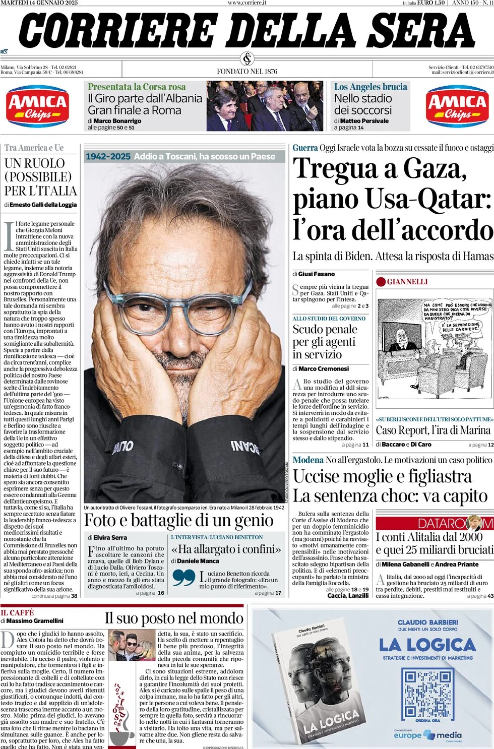 anteprima della prima pagina di corriere-della-sera del 14/01/2025