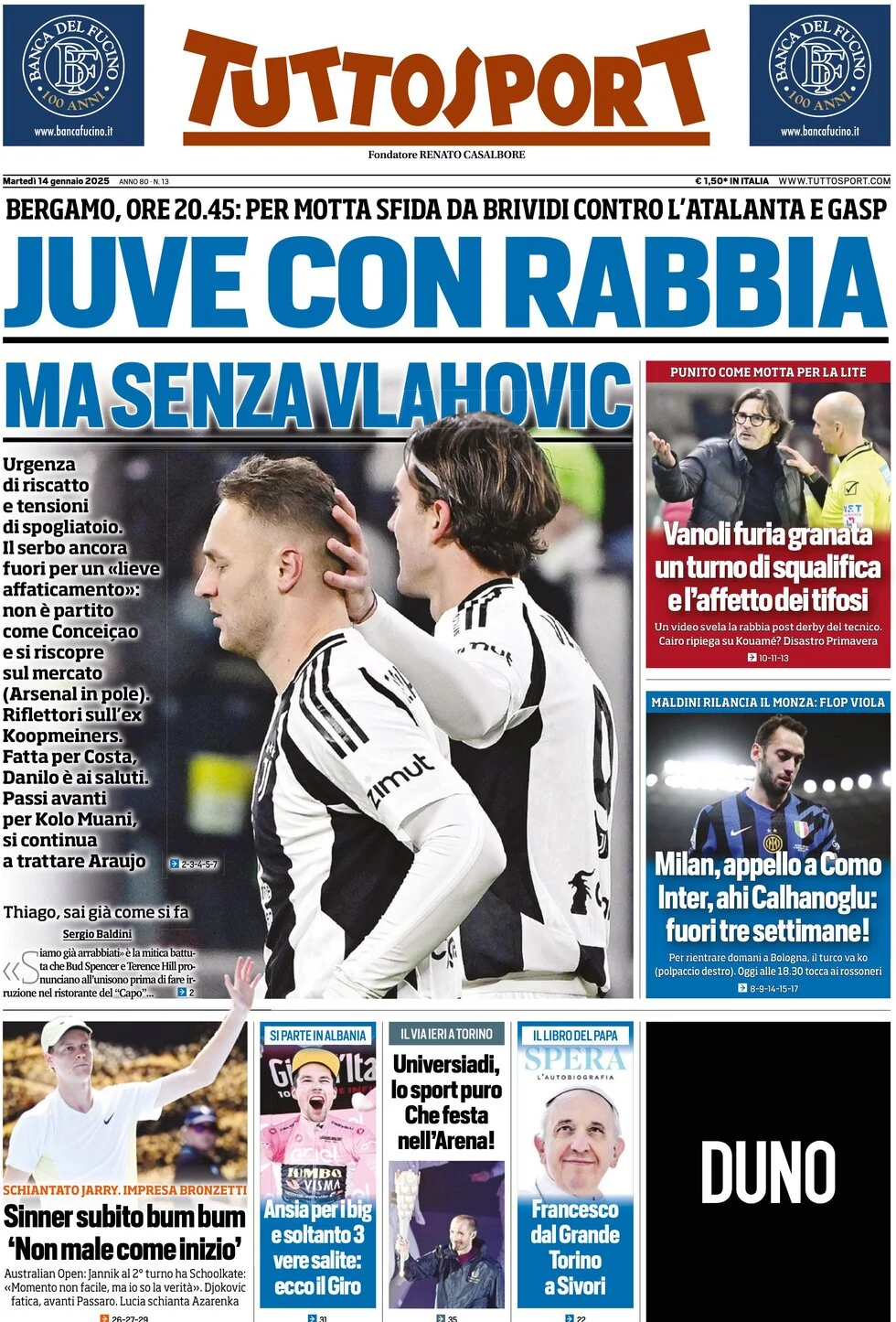 anteprima della prima pagina di tuttosport del 14/01/2025