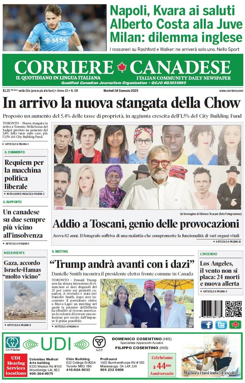 anteprima della prima pagina di corriere-canadese del 14/01/2025