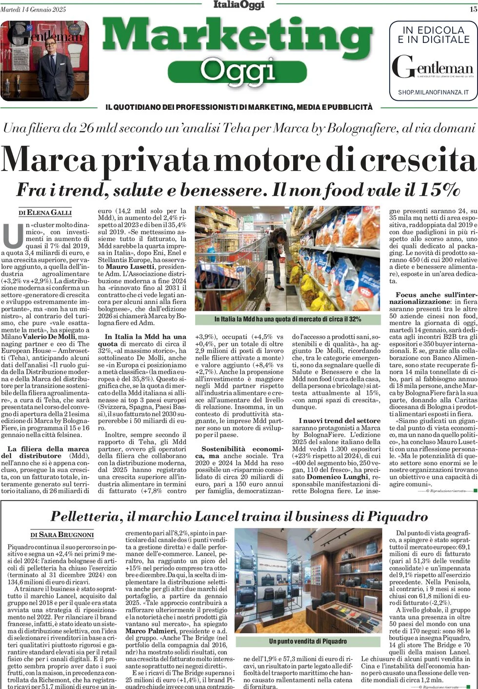 anteprima della prima pagina di marketing-oggi del 14/01/2025