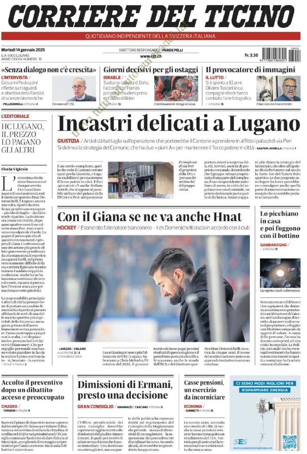 anteprima della prima pagina di corriere-del-ticino del 14/01/2025