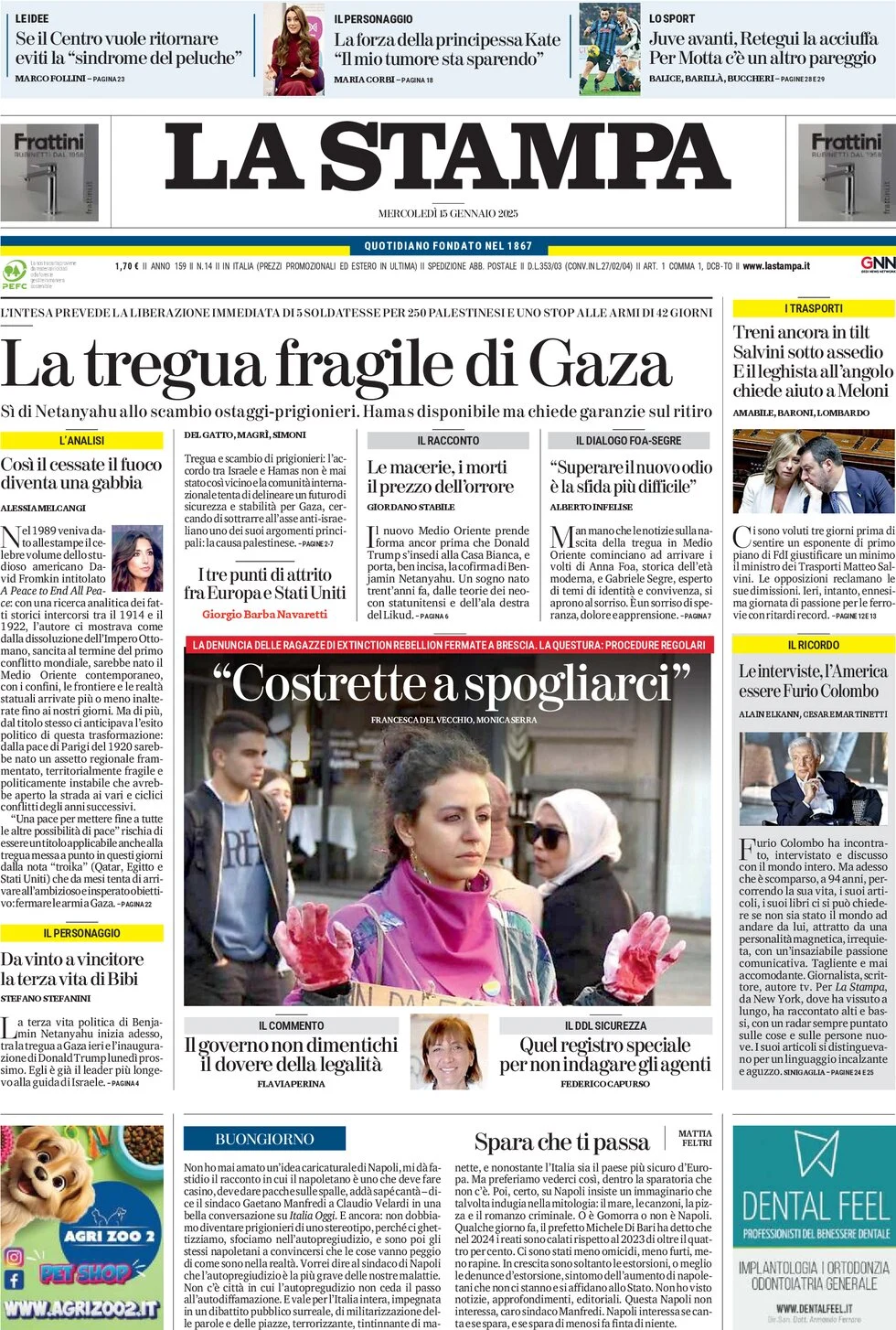 anteprima della prima pagina di la-stampa del 15/01/2025
