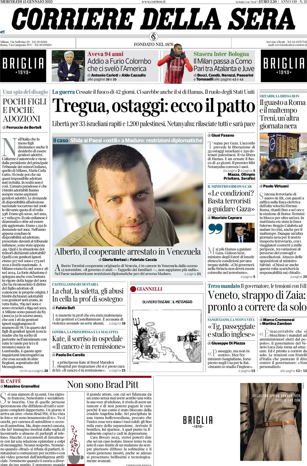 anteprima della prima pagina di corriere-della-sera del 15/01/2025