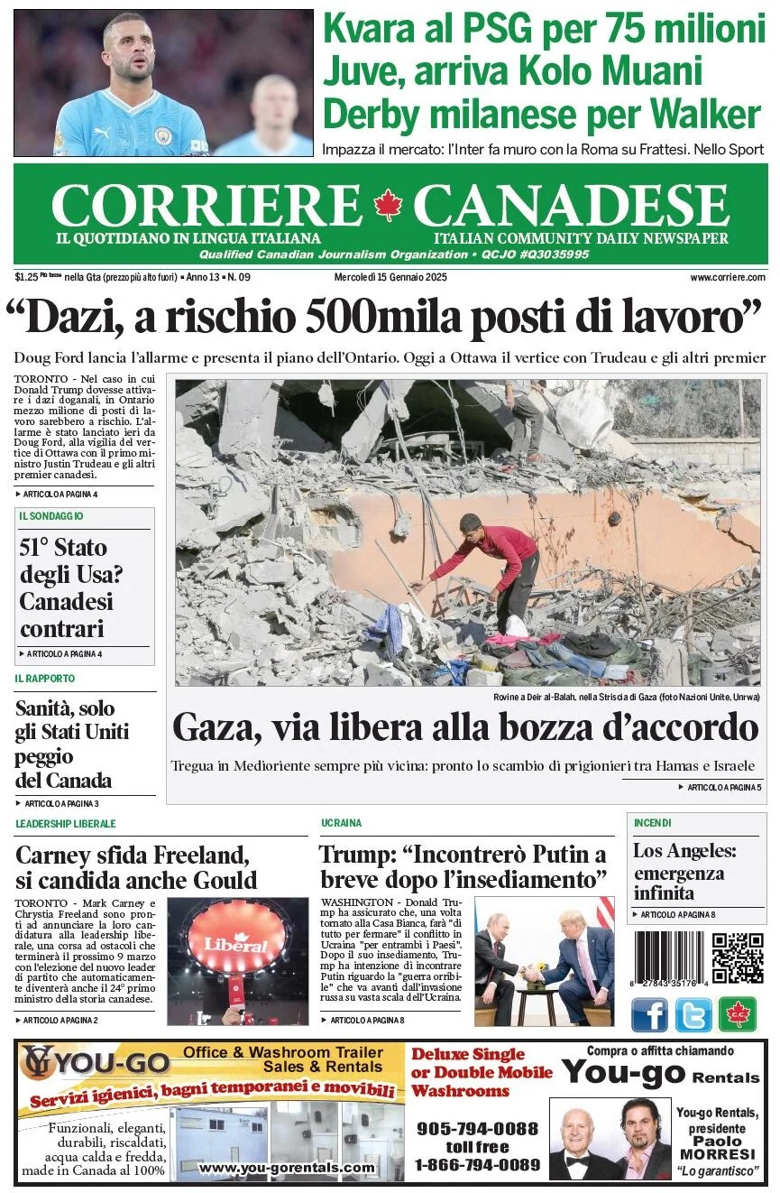 anteprima della prima pagina di corriere-canadese del 15/01/2025