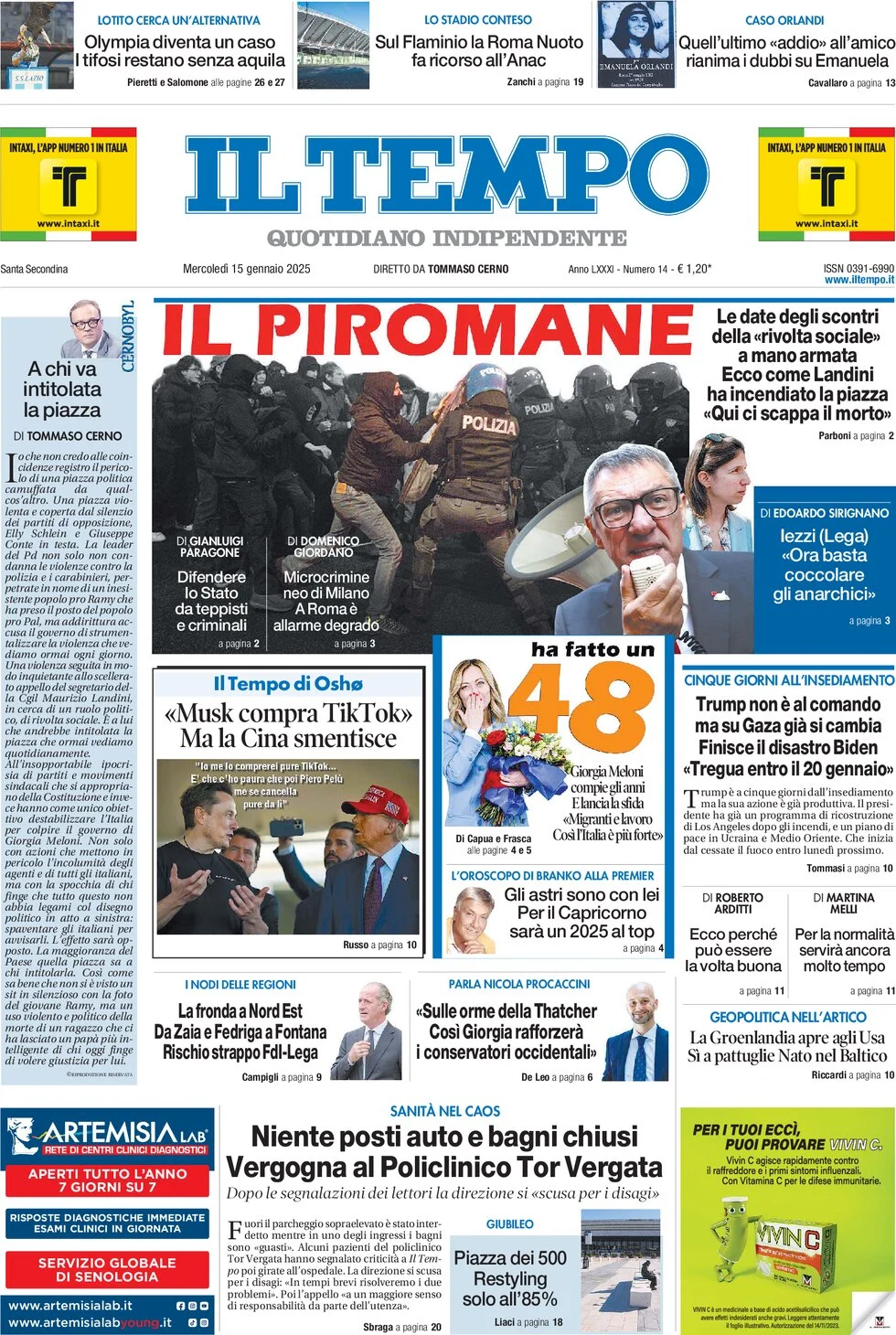 anteprima della prima pagina di il-tempo del 15/01/2025