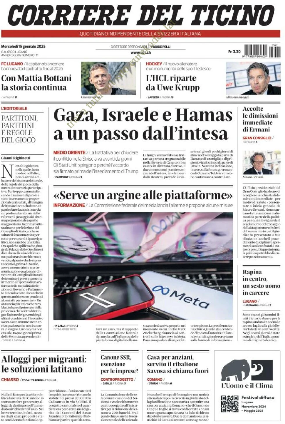 anteprima della prima pagina di corriere-del-ticino del 15/01/2025