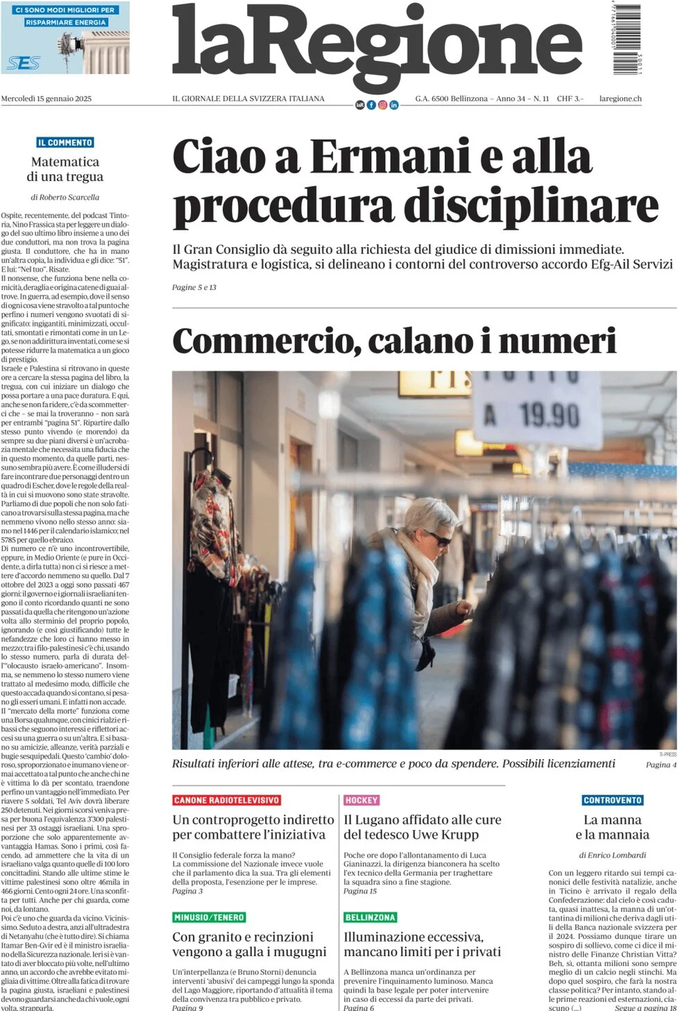 anteprima della prima pagina di la-regione del 15/01/2025
