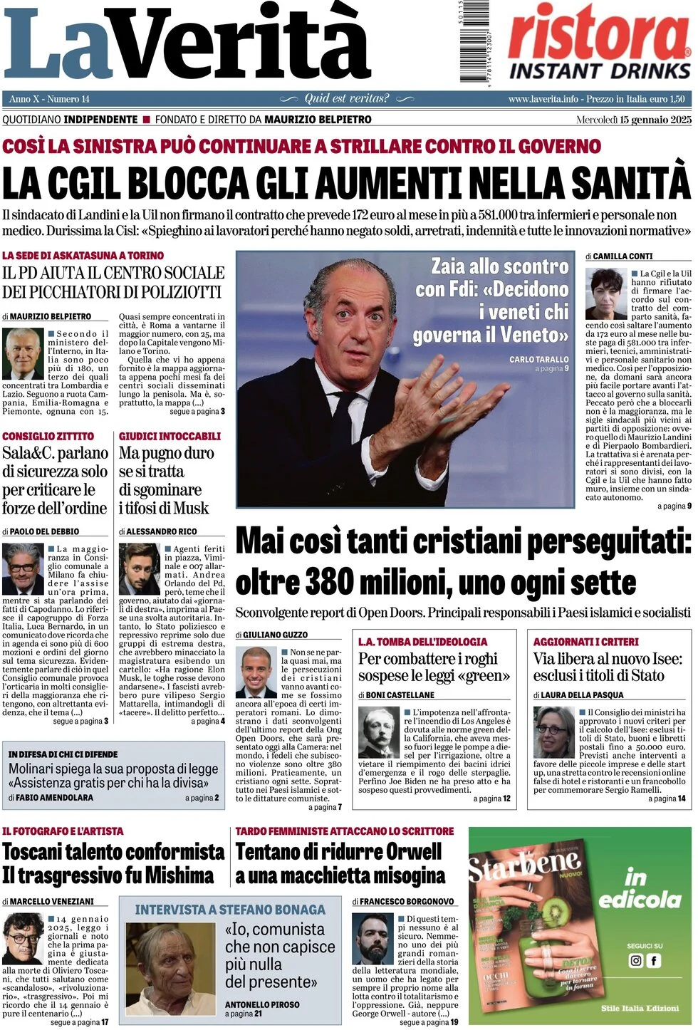 anteprima della prima pagina di la-verit del 15/01/2025