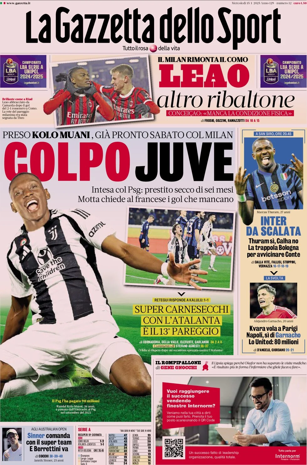 anteprima della prima pagina di la-gazzetta-dello-sport del 15/01/2025