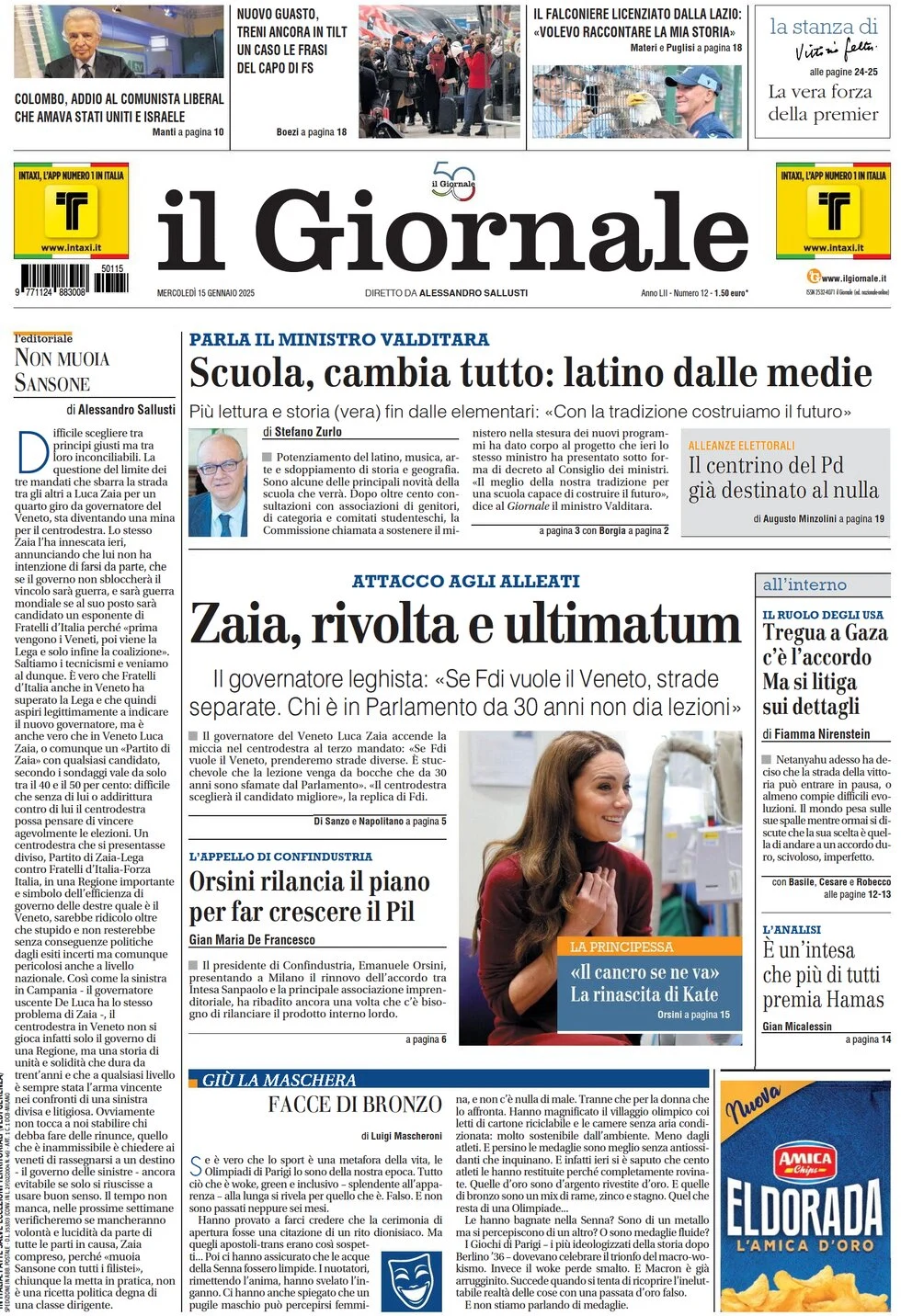 anteprima della prima pagina di il-giornale del 15/01/2025
