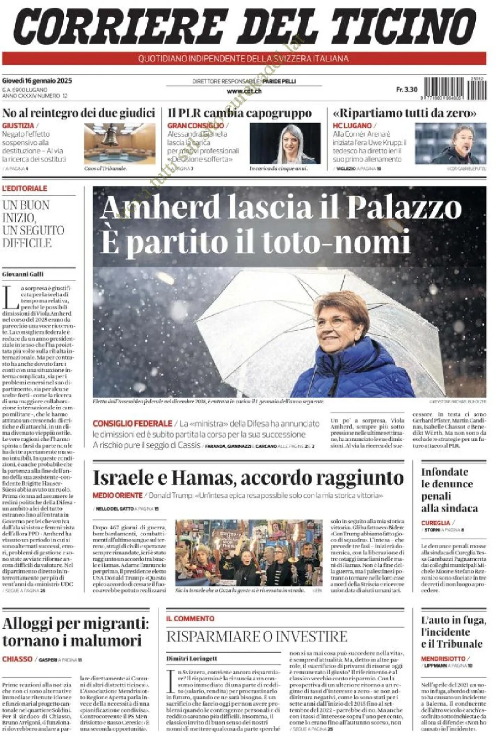 anteprima della prima pagina di corriere-del-ticino del 16/01/2025