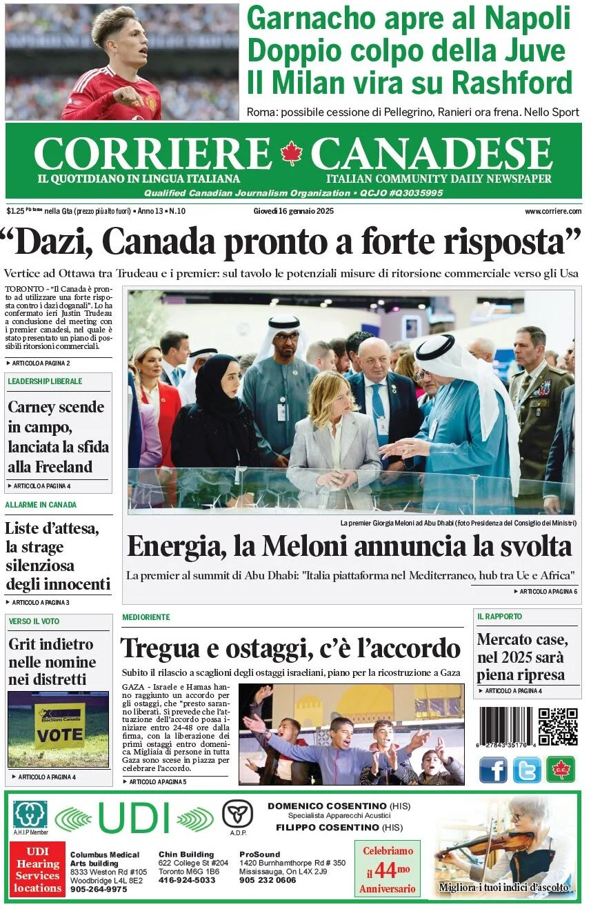 anteprima della prima pagina di corriere-canadese del 16/01/2025