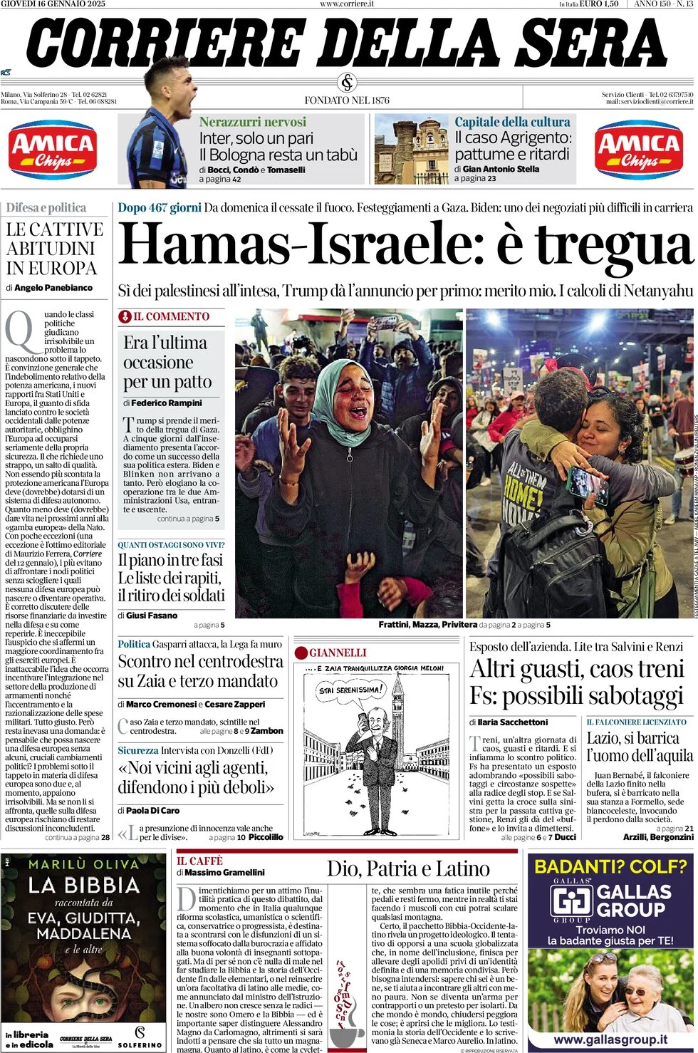 anteprima della prima pagina di corriere-della-sera del 16/01/2025
