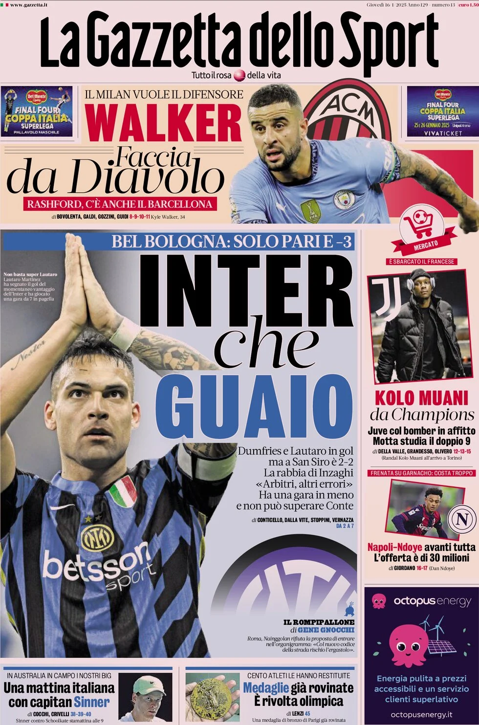 anteprima della prima pagina di la-gazzetta-dello-sport del 16/01/2025