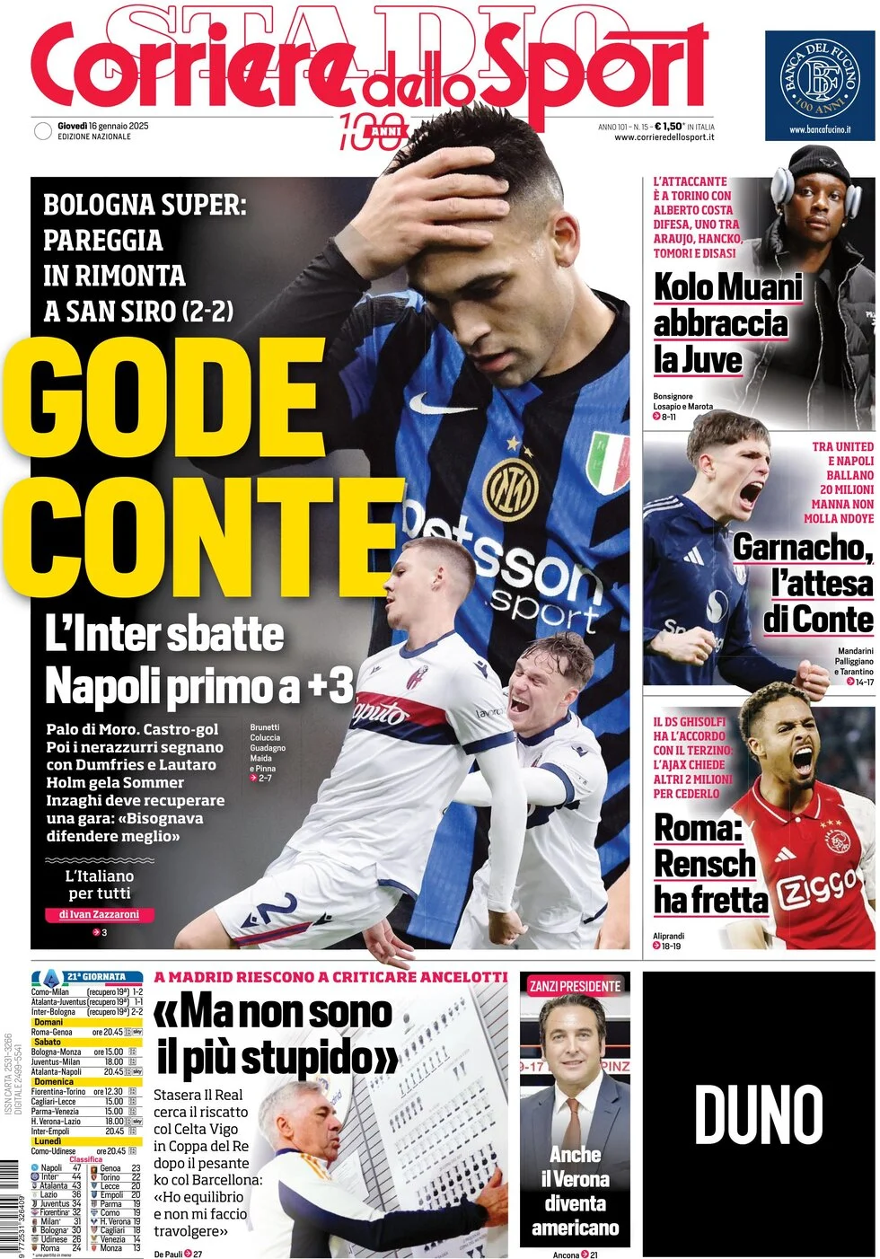 anteprima della prima pagina di corriere-dello-sport del 16/01/2025