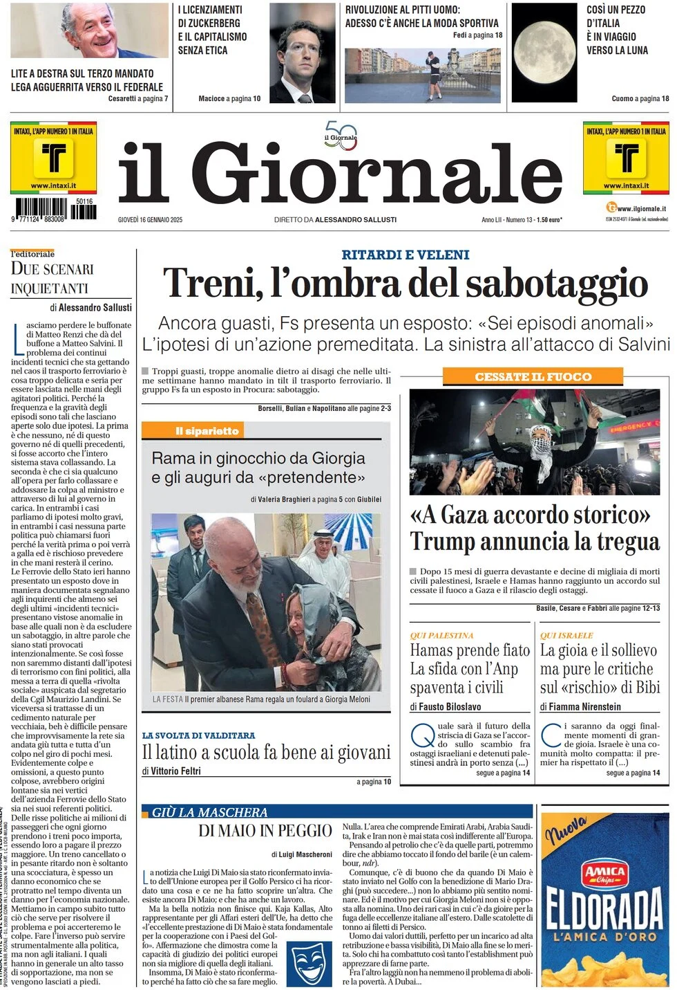 anteprima della prima pagina di il-giornale del 16/01/2025