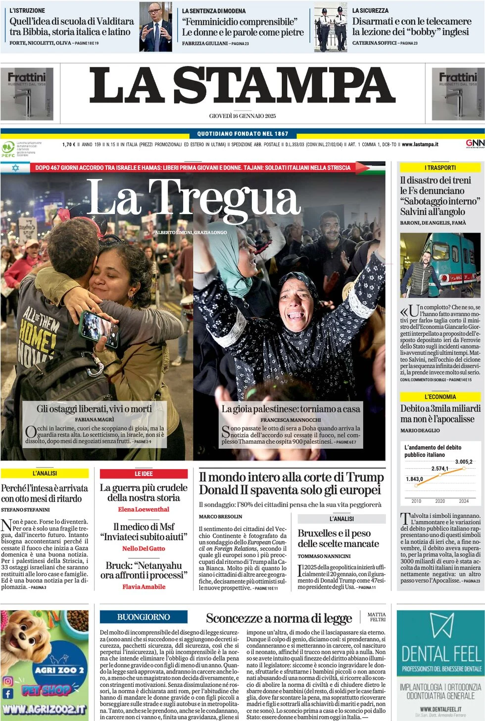 anteprima della prima pagina di la-stampa del 16/01/2025