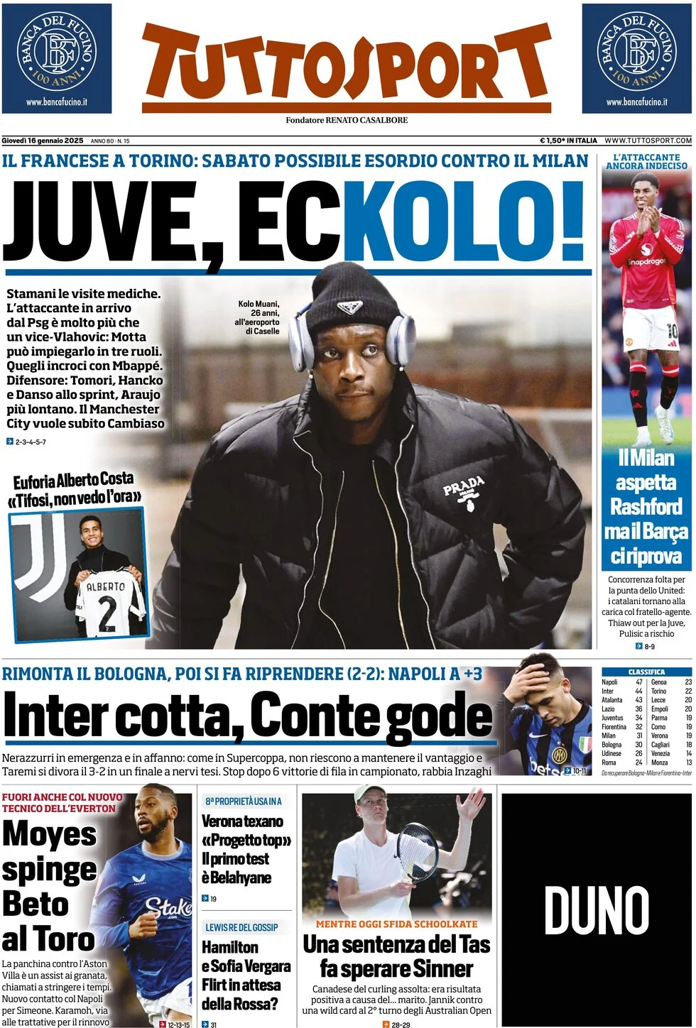 anteprima della prima pagina di tuttosport del 16/01/2025