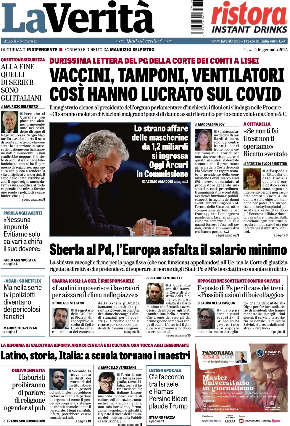 anteprima della prima pagina di la-verit del 16/01/2025