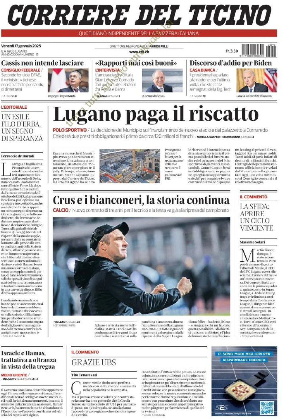 anteprima della prima pagina di corriere-del-ticino del 17/01/2025