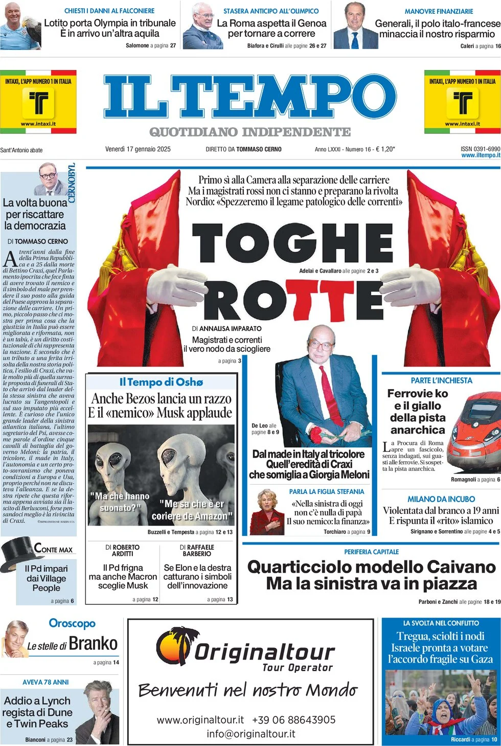 anteprima della prima pagina di il-tempo del 17/01/2025