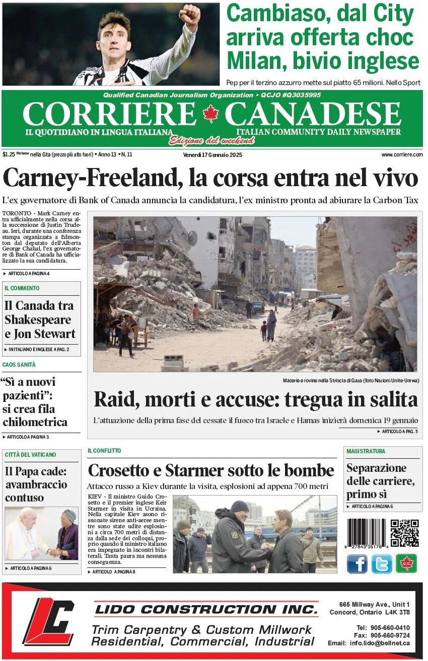 anteprima della prima pagina di corriere-canadese del 17/01/2025