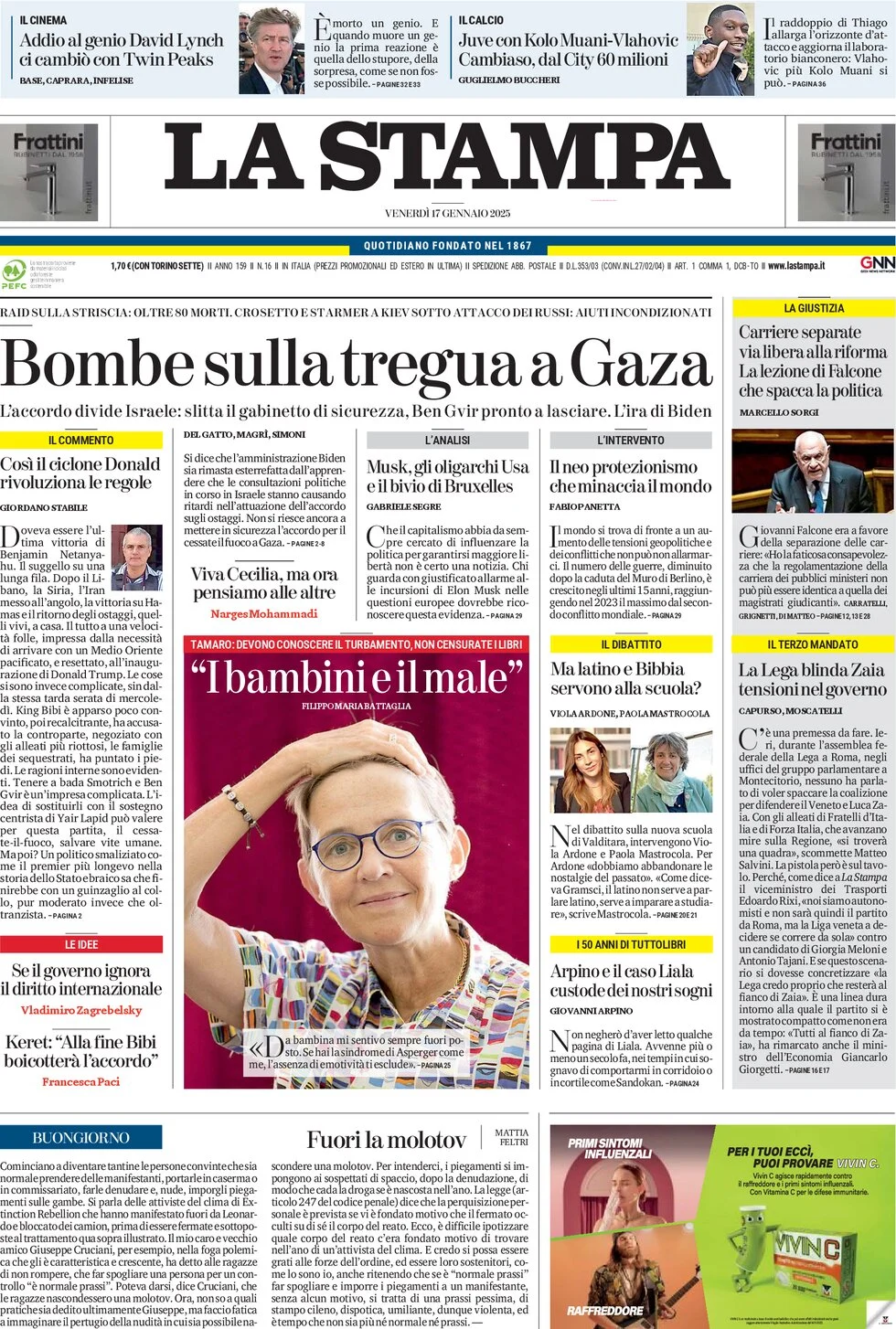 anteprima della prima pagina di la-stampa del 17/01/2025