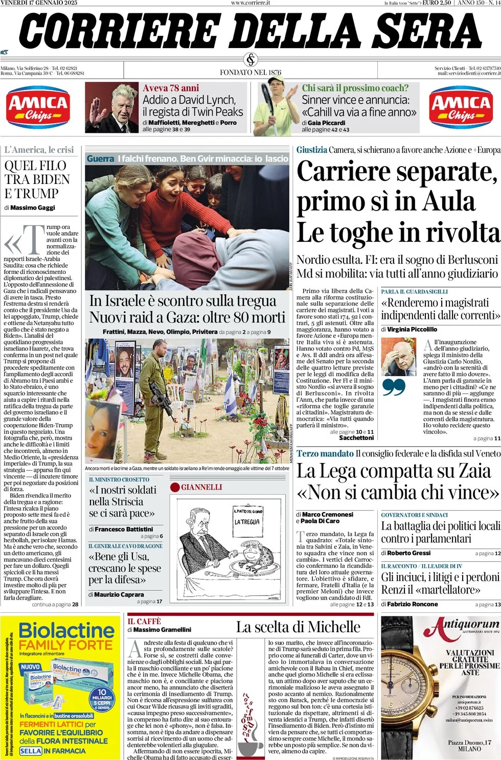 anteprima della prima pagina di corriere-della-sera del 17/01/2025