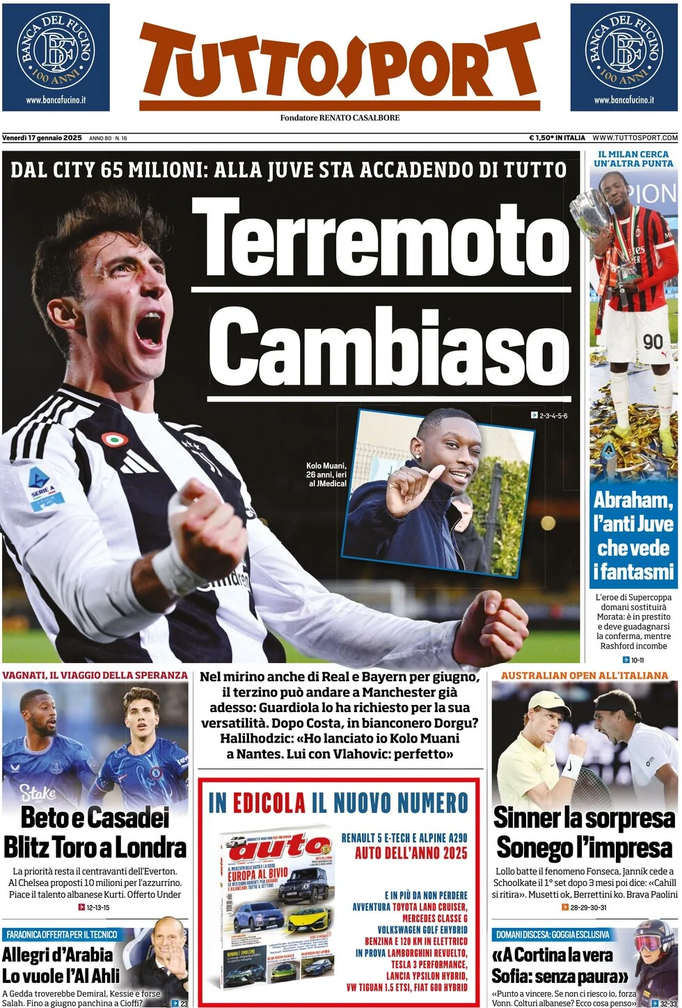 anteprima della prima pagina di tuttosport del 17/01/2025