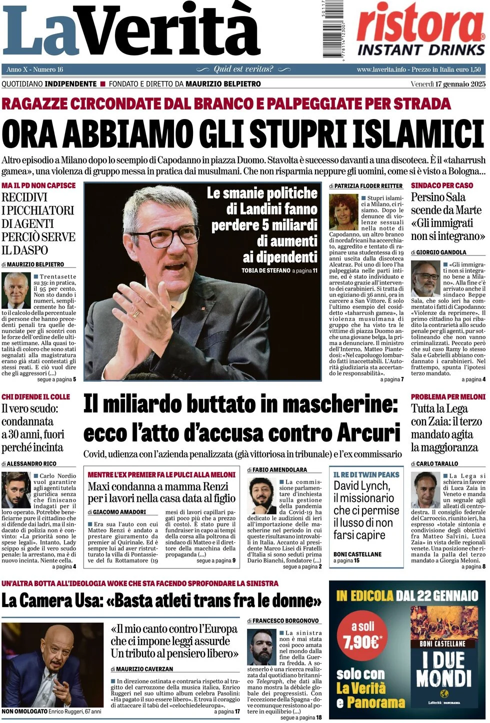 anteprima della prima pagina di la-verit del 17/01/2025