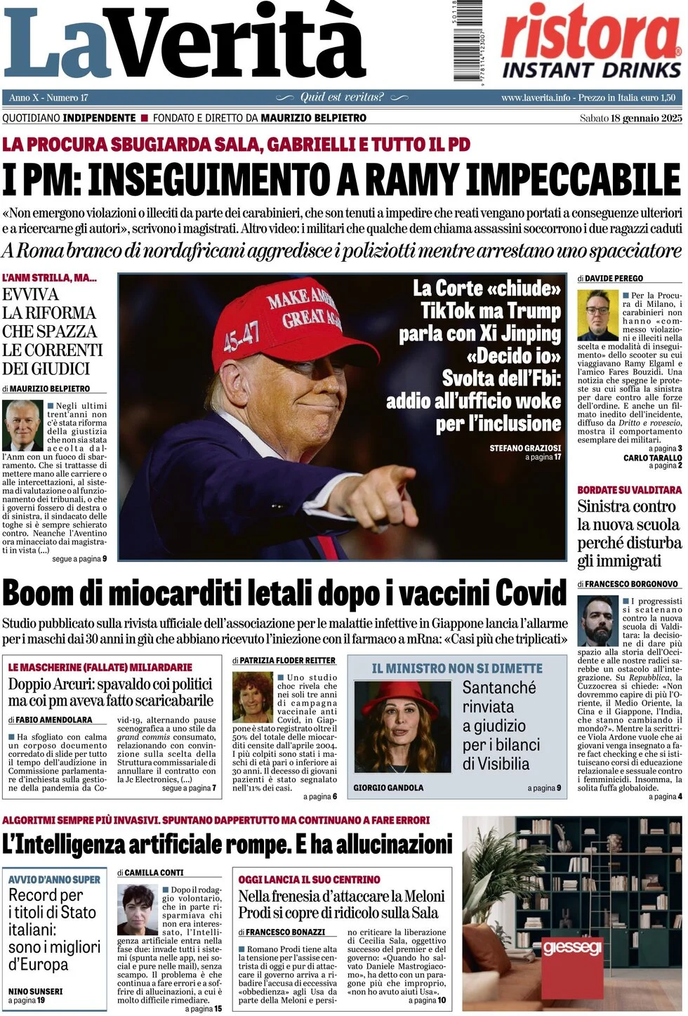anteprima della prima pagina di la-verit del 18/01/2025