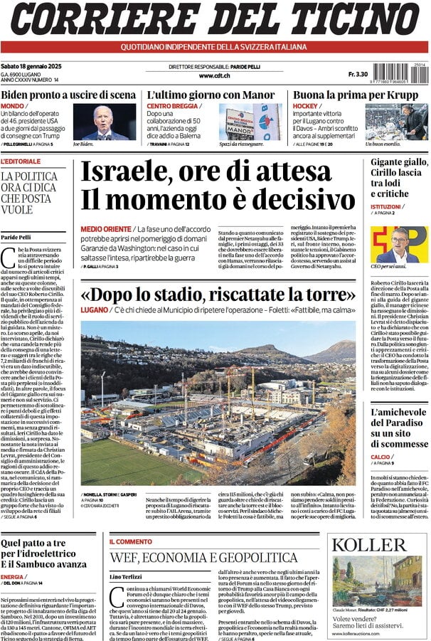anteprima della prima pagina di corriere-del-ticino del 18/01/2025