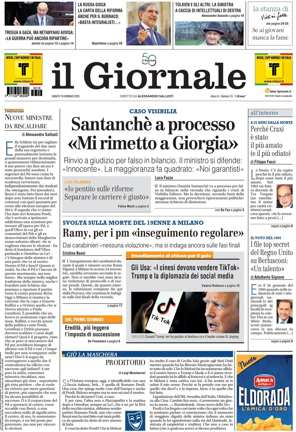 anteprima della prima pagina di il-giornale del 18/01/2025