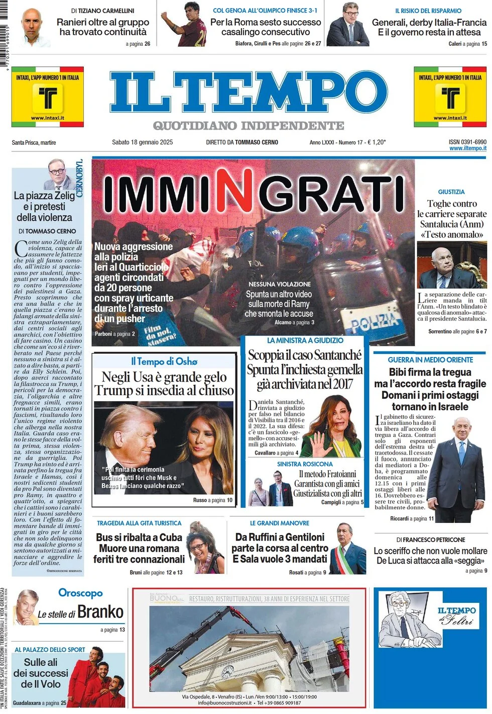 anteprima della prima pagina di il-tempo del 18/01/2025