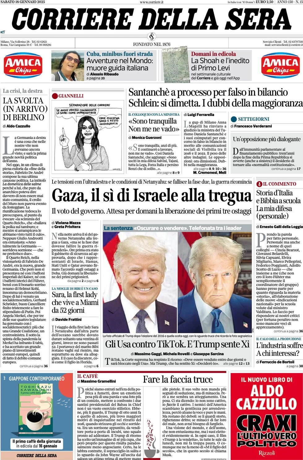 anteprima della prima pagina di corriere-della-sera del 18/01/2025