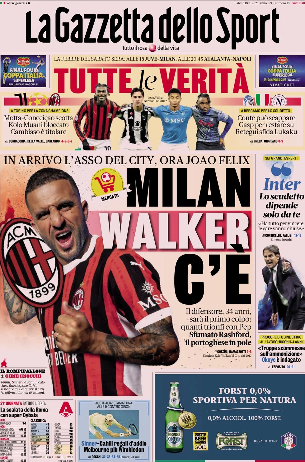 anteprima della prima pagina di la-gazzetta-dello-sport del 18/01/2025