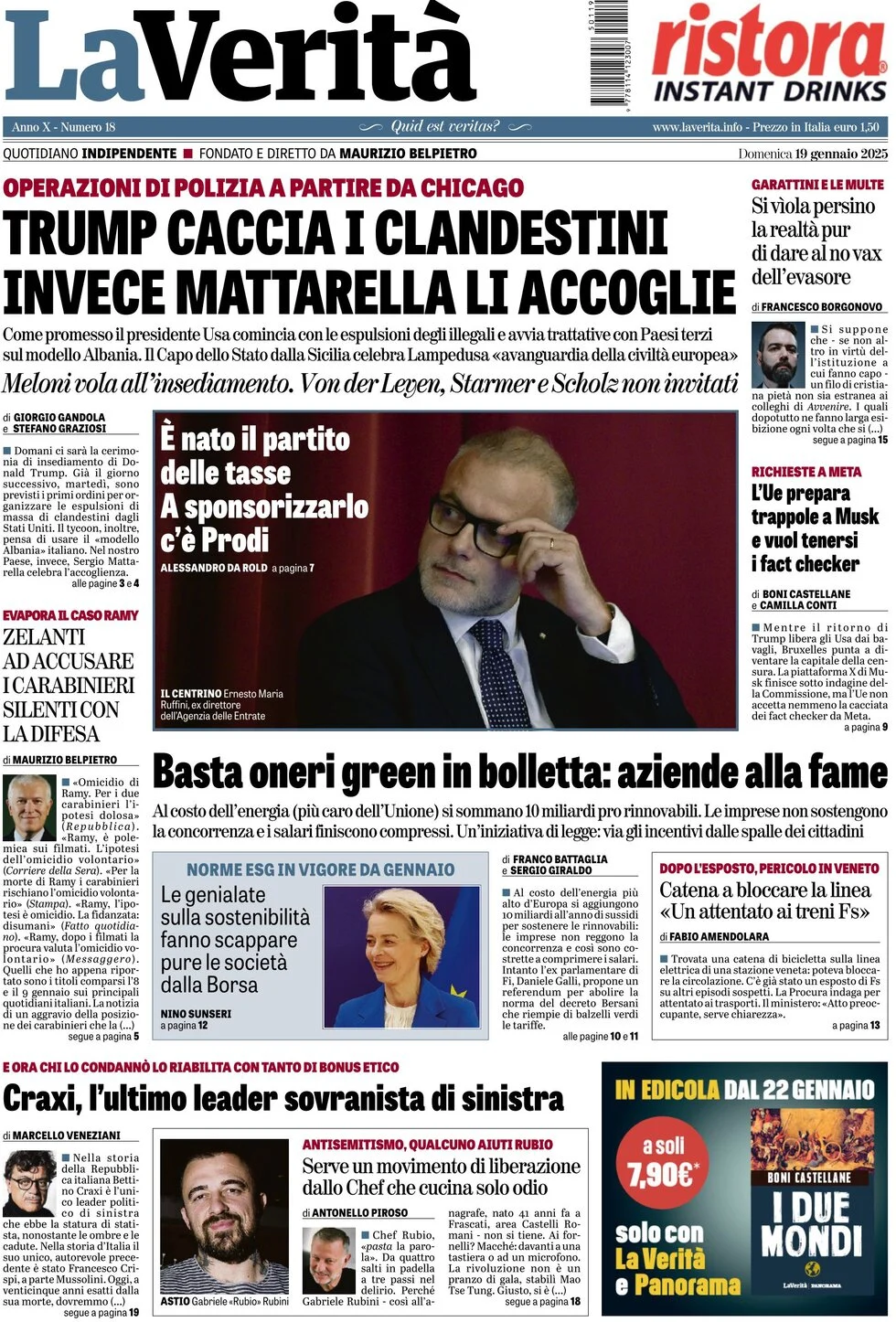 anteprima della prima pagina di la-verit del 19/01/2025