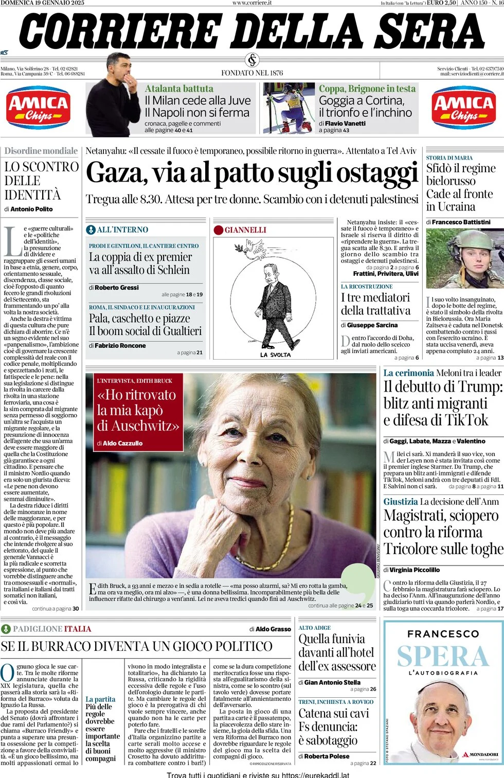 anteprima della prima pagina di corriere-della-sera del 19/01/2025