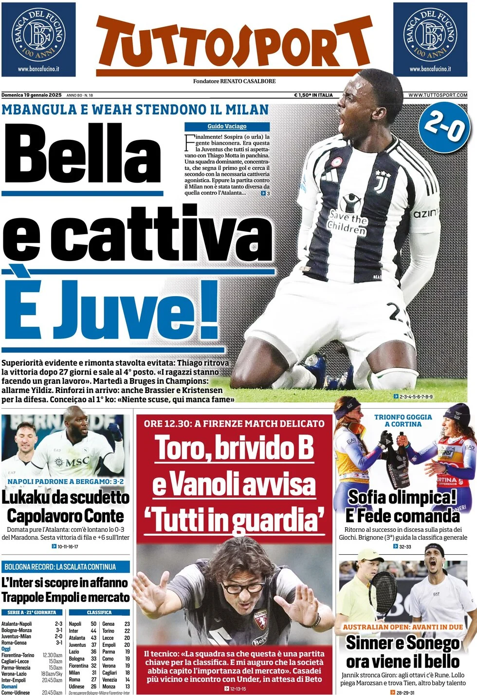 anteprima della prima pagina di tuttosport del 19/01/2025
