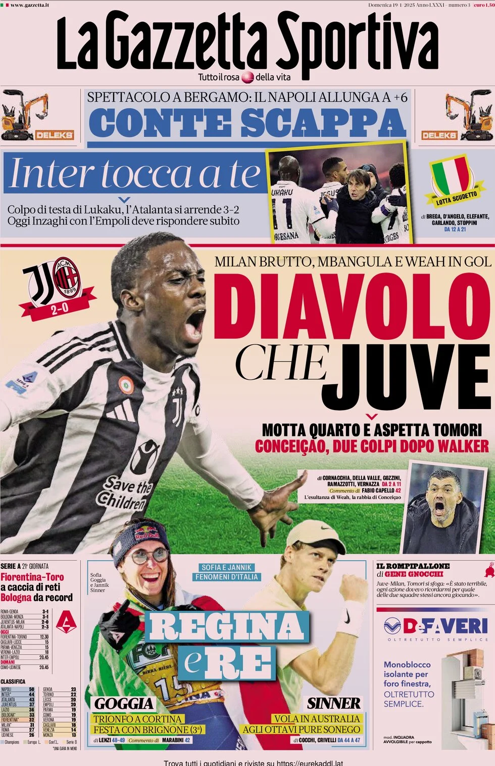 anteprima della prima pagina di la-gazzetta-dello-sport del 19/01/2025