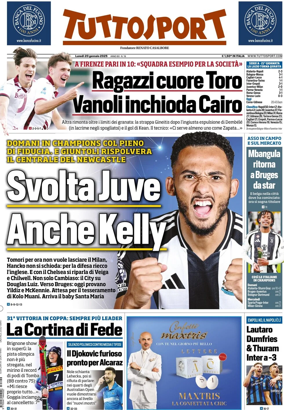 anteprima della prima pagina di tuttosport del 20/01/2025