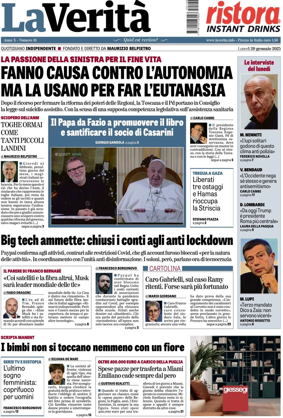 anteprima della prima pagina di la-verit del 20/01/2025