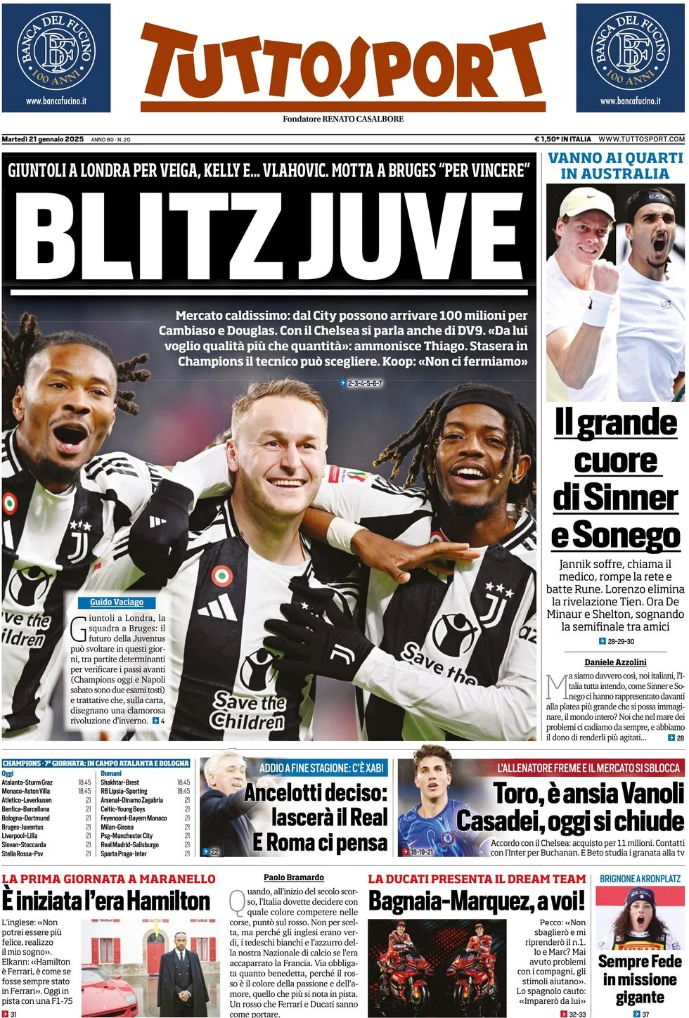 anteprima della prima pagina di tuttosport del 21/01/2025