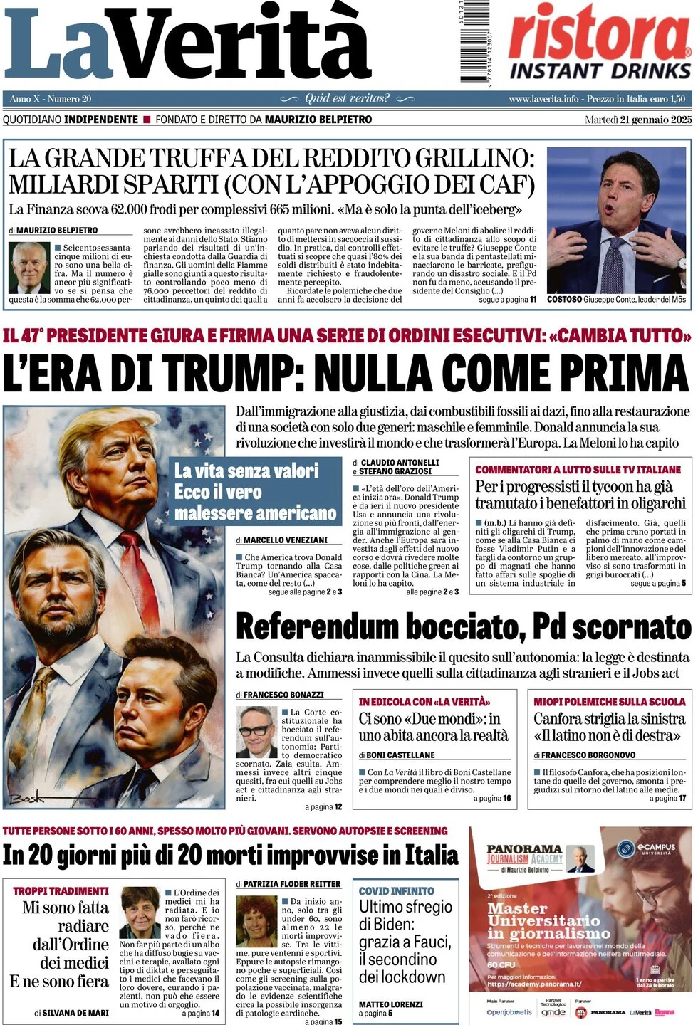 anteprima della prima pagina di la-verit del 21/01/2025