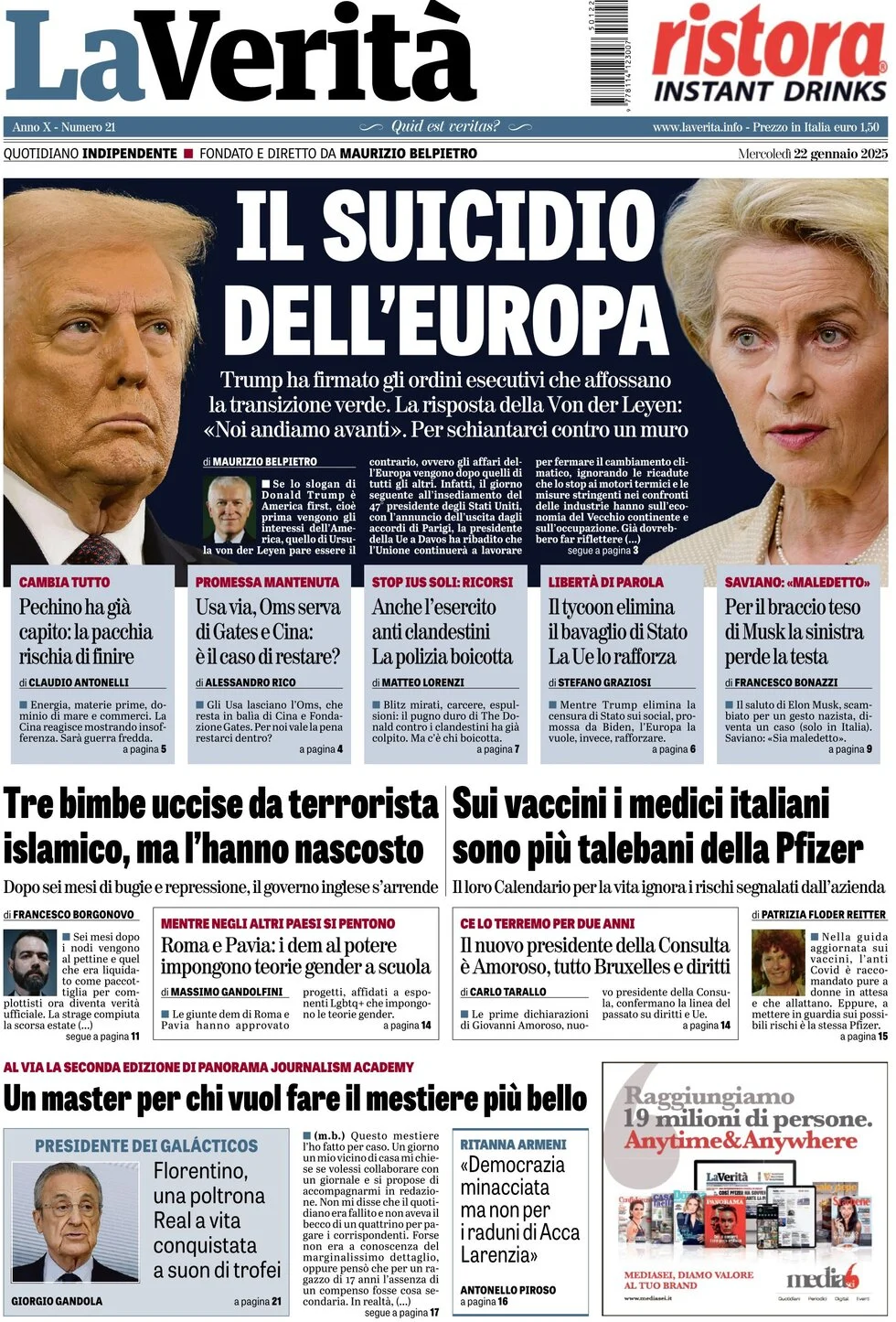 anteprima della prima pagina di la-verit del 22/01/2025