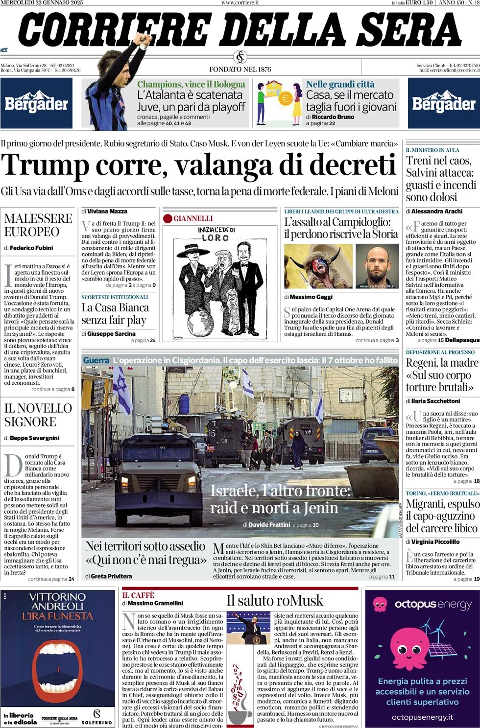 anteprima della prima pagina di corriere-della-sera del 22/01/2025