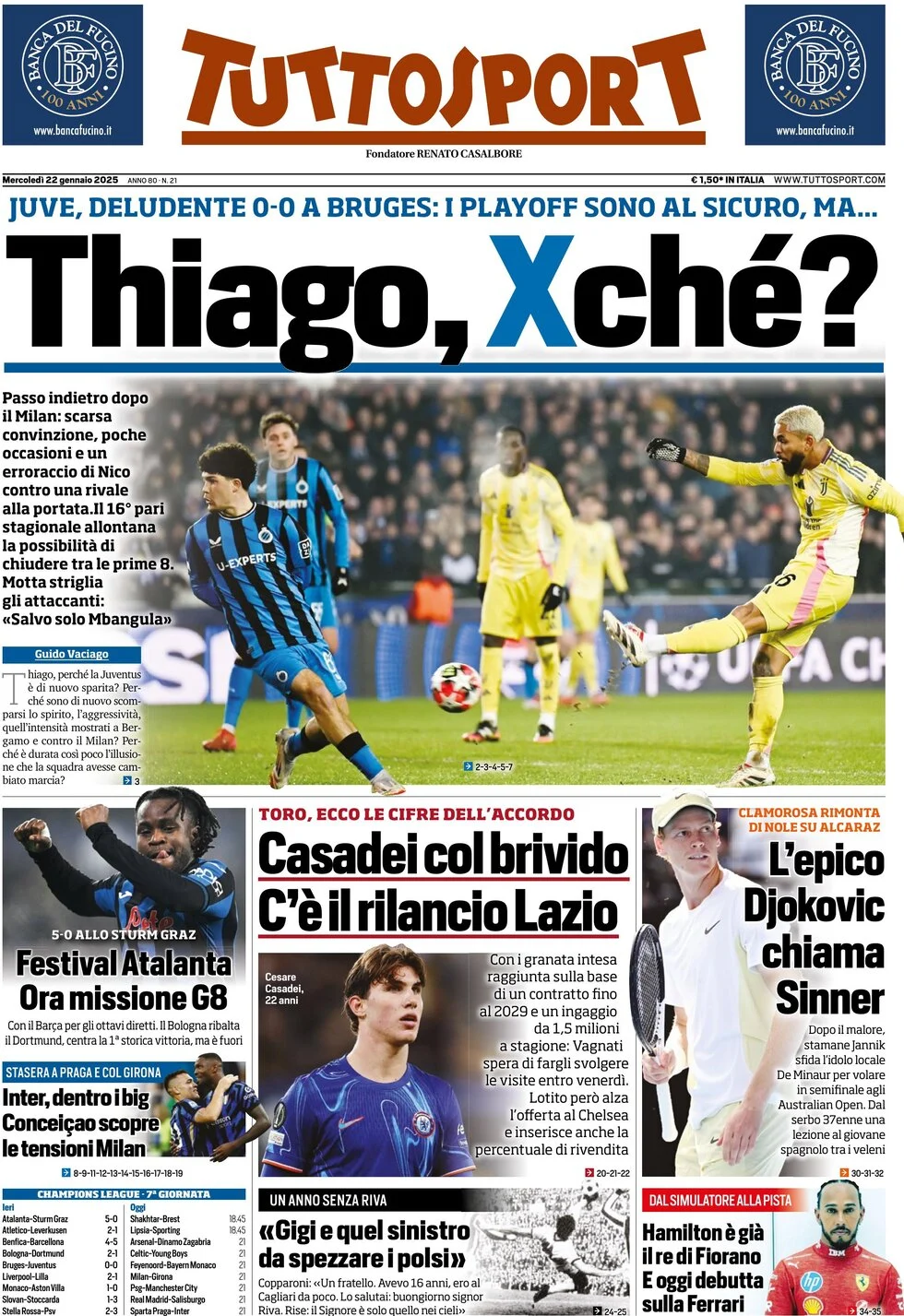 anteprima della prima pagina di tuttosport del 22/01/2025