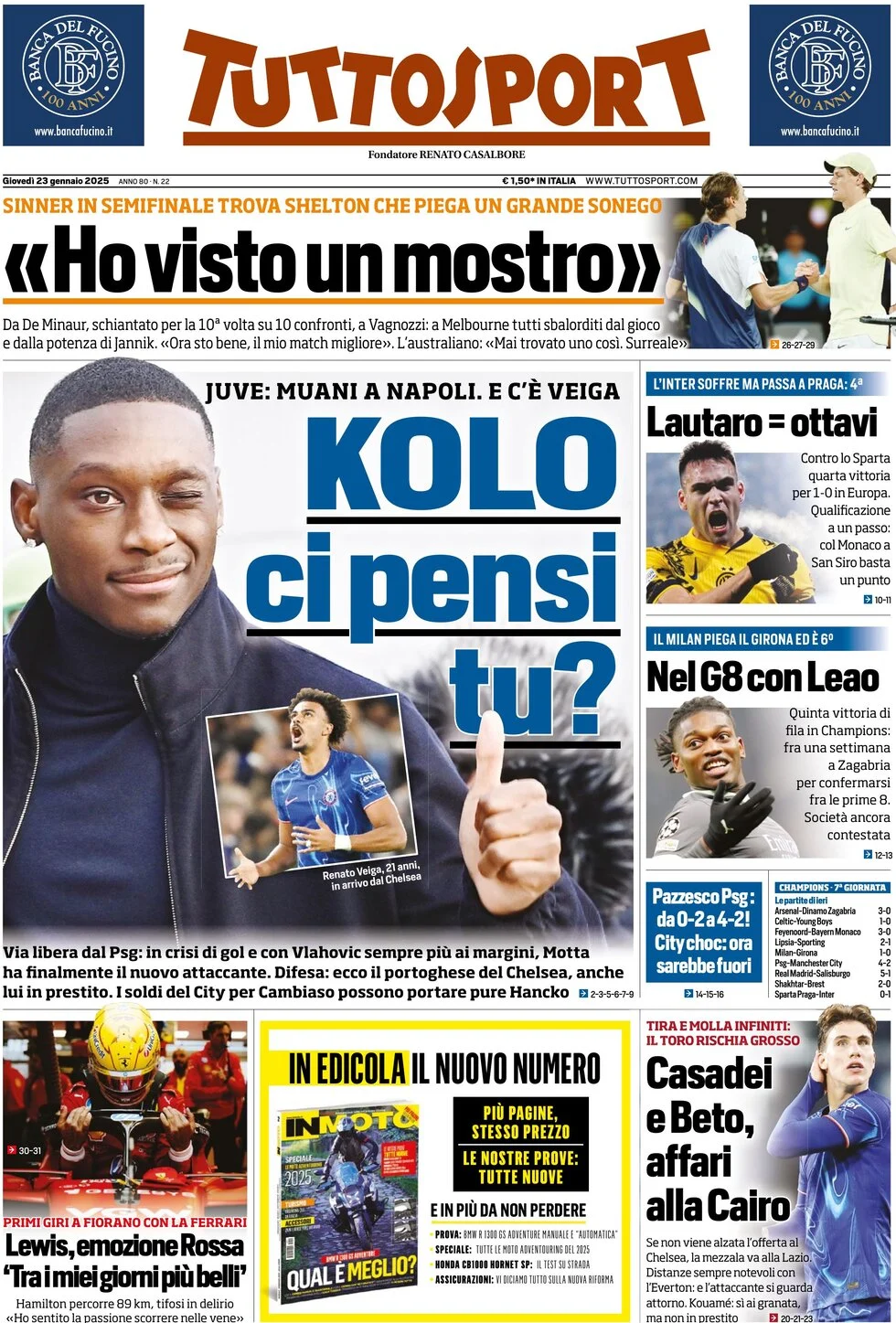 anteprima della prima pagina di tuttosport del 23/01/2025