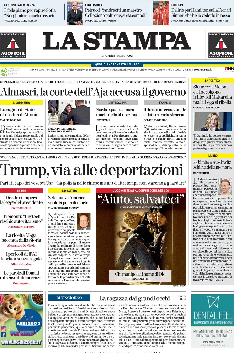 anteprima della prima pagina di la-stampa del 23/01/2025