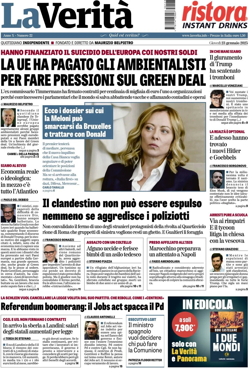 anteprima della prima pagina di la-verit del 23/01/2025
